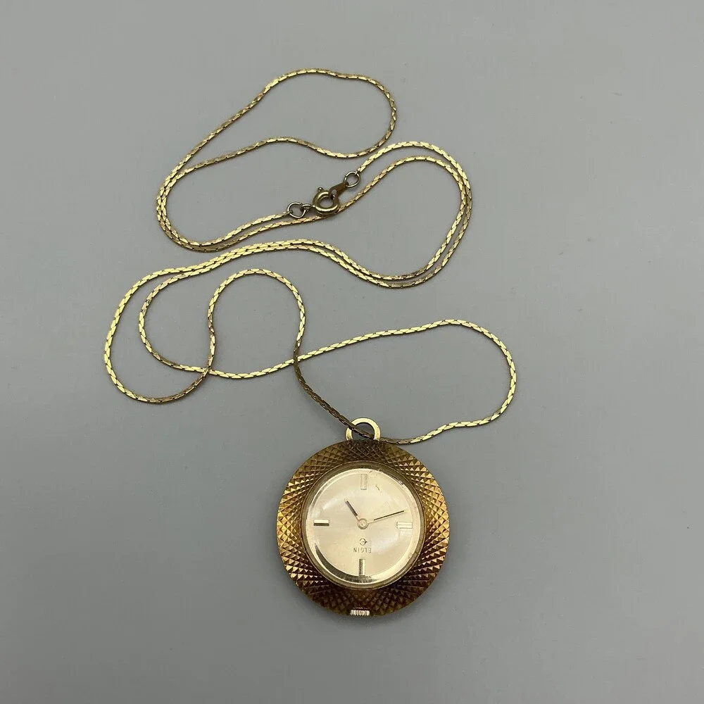 Vintage Elgin Pendant Pocket Watch Necklace Women 34mm Gold Tone New Battery